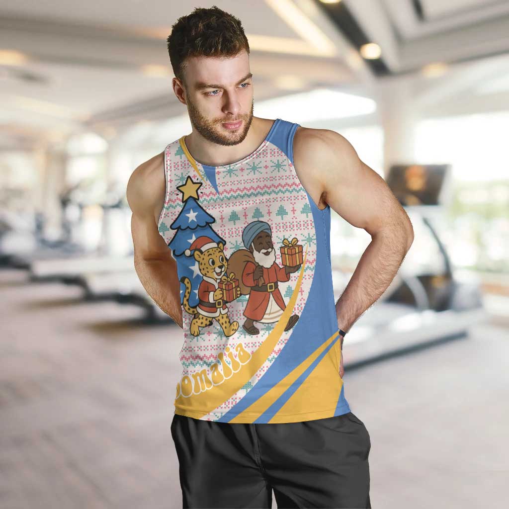 Somalia Christmas Men Tank Top with Santa Cheetah Christmas Tree Village Scene and Festive Snowflake - Wonder Print Shop