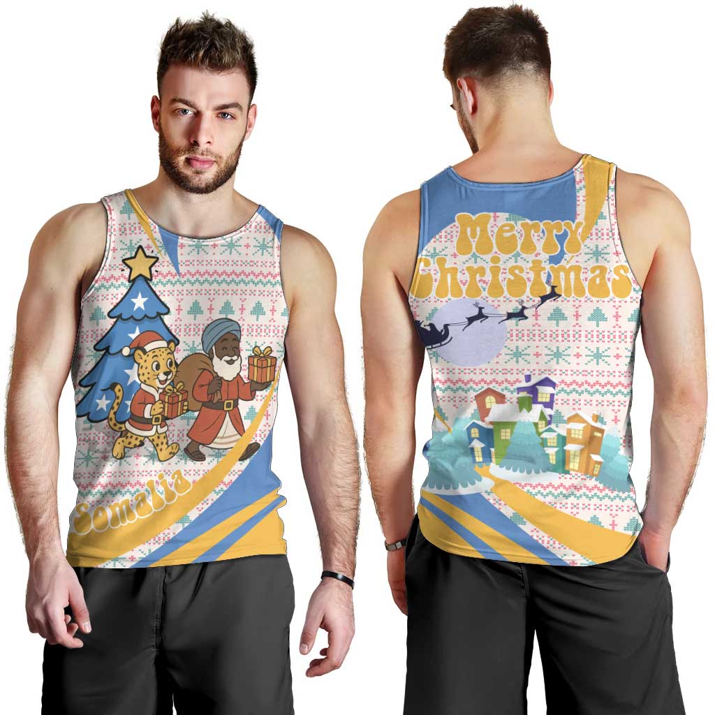 Somalia Christmas Men Tank Top with Santa Cheetah Christmas Tree Village Scene and Festive Snowflake - Wonder Print Shop
