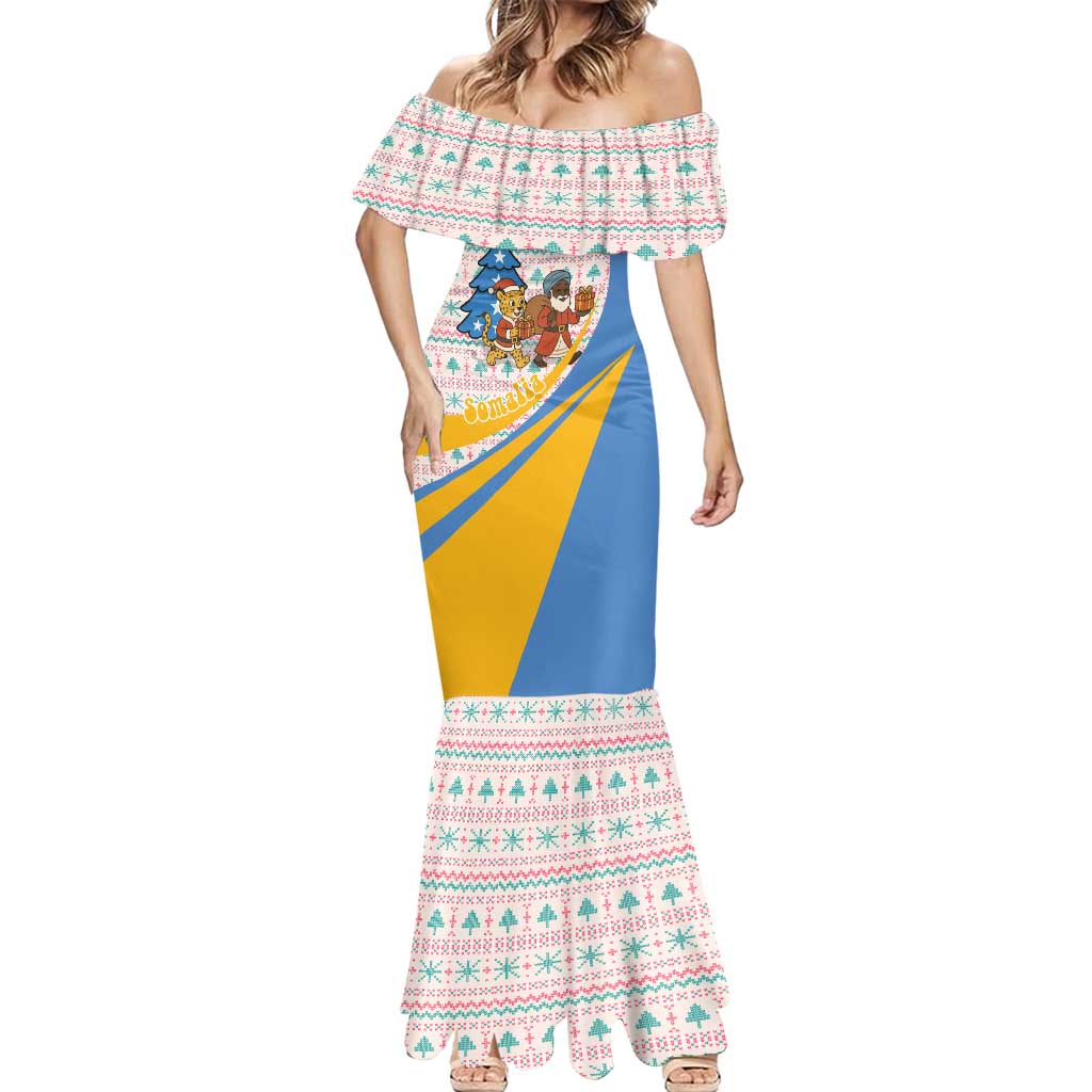 Somalia Christmas Mermaid Dress with Santa Cheetah Christmas Tree Village Scene and Festive Snowflake - Wonder Print Shop