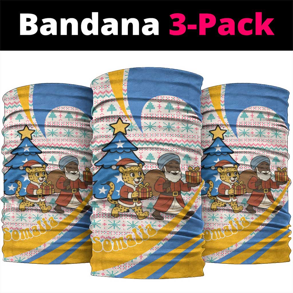 Somalia Christmas Neck Gaiter with Santa Cheetah Christmas Tree Village Scene and Festive Snowflake - Wonder Print Shop
