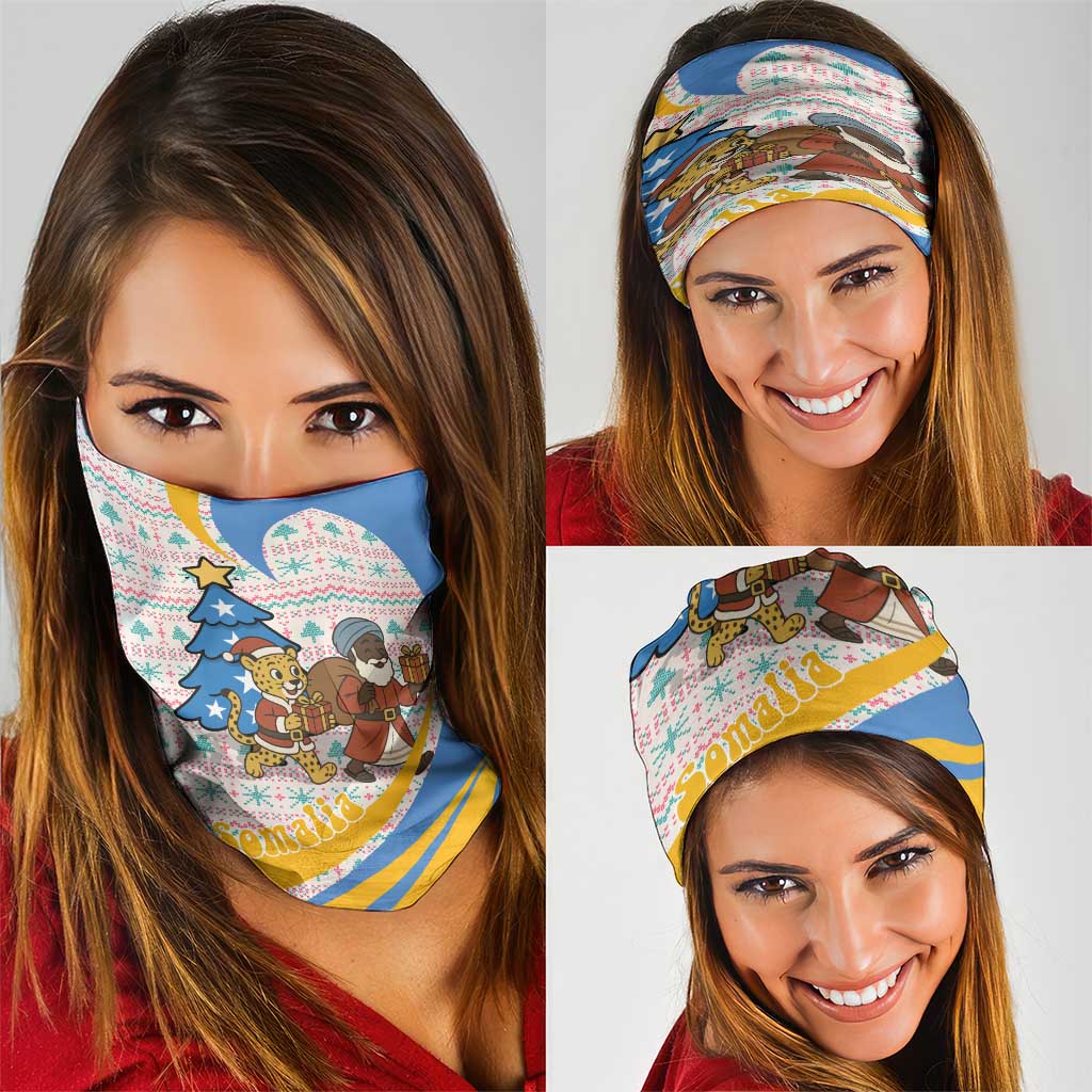 Somalia Christmas Neck Gaiter with Santa Cheetah Christmas Tree Village Scene and Festive Snowflake - Wonder Print Shop