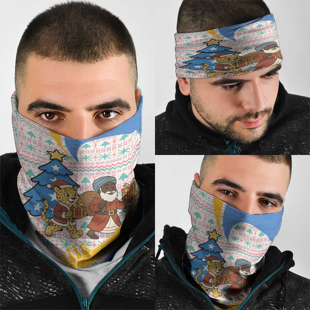 Somalia Christmas Neck Gaiter with Santa Cheetah Christmas Tree Village Scene and Festive Snowflake - Wonder Print Shop
