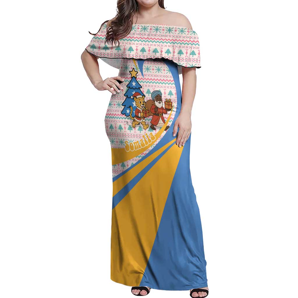 Somalia Christmas Off Shoulder Maxi Dress with Santa Cheetah Christmas Tree Village Scene and Festive Snowflake - Wonder Print Shop