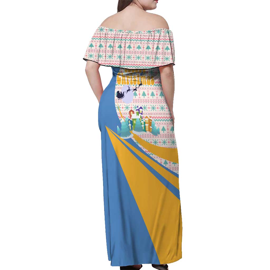 Somalia Christmas Off Shoulder Maxi Dress with Santa Cheetah Christmas Tree Village Scene and Festive Snowflake - Wonder Print Shop