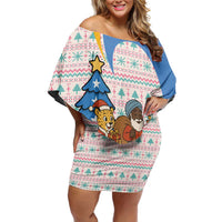 Somalia Christmas Off Shoulder Short Dress with Santa Cheetah Christmas Tree Village Scene and Festive Snowflake - Wonder Print Shop