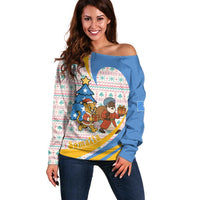 Somalia Christmas Off Shoulder Sweater with Santa Cheetah Christmas Tree Village Scene and Festive Snowflake - Wonder Print Shop