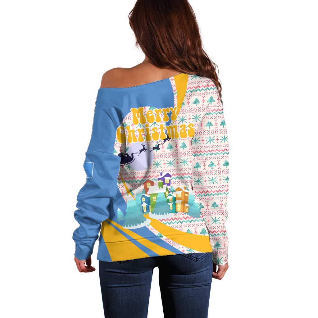 Somalia Christmas Off Shoulder Sweater with Santa Cheetah Christmas Tree Village Scene and Festive Snowflake - Wonder Print Shop