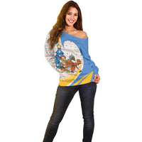 Somalia Christmas Off Shoulder Sweater with Santa Cheetah Christmas Tree Village Scene and Festive Snowflake - Wonder Print Shop
