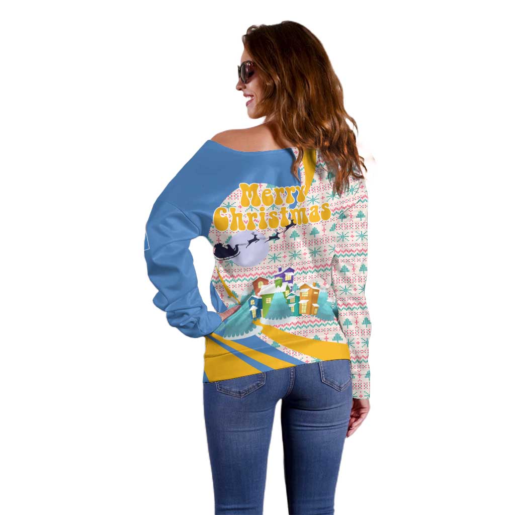 Somalia Christmas Off Shoulder Sweater with Santa Cheetah Christmas Tree Village Scene and Festive Snowflake - Wonder Print Shop