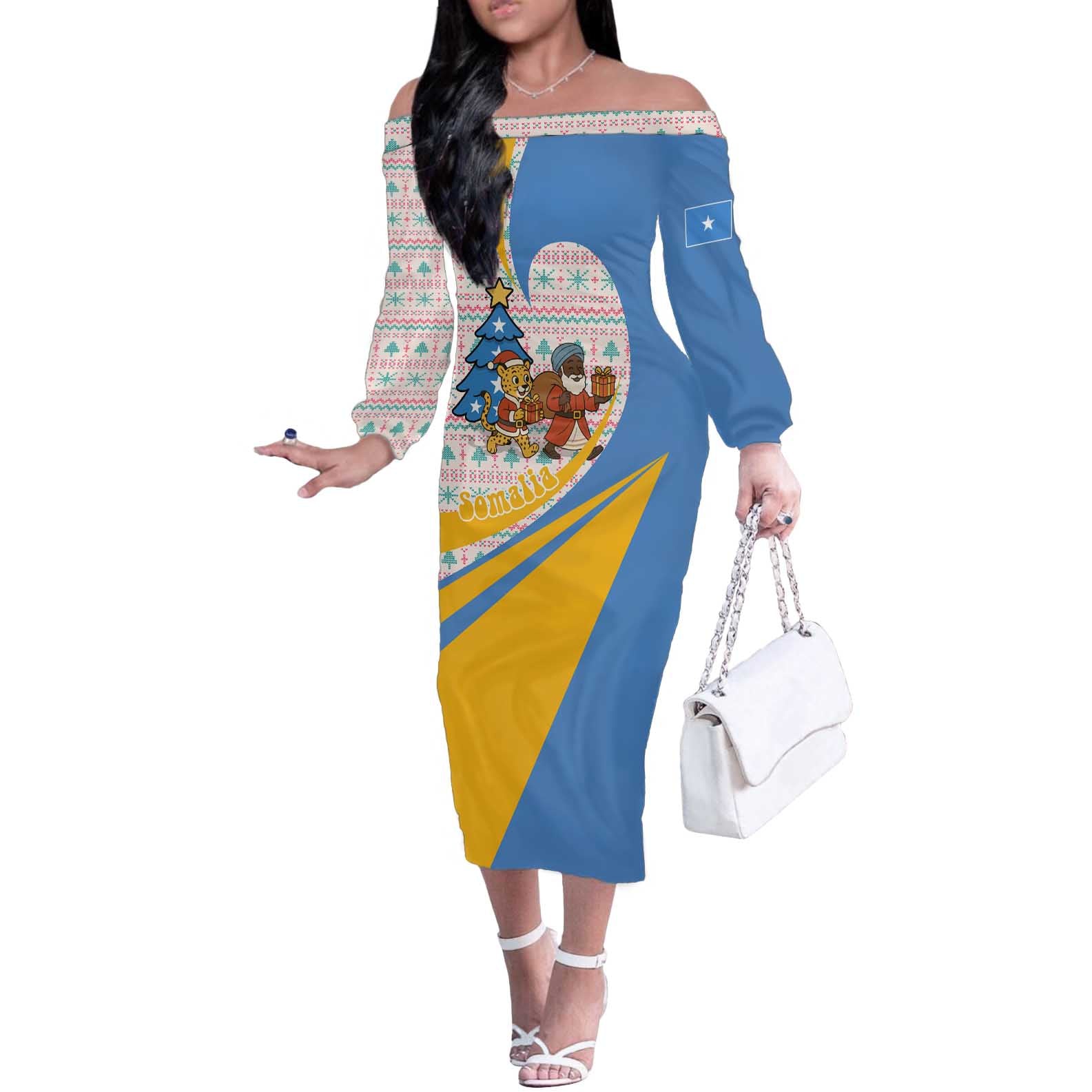 Somalia Christmas Off The Shoulder Long Sleeve Dress with Santa Cheetah Christmas Tree Village Scene and Festive Snowflake - Wonder Print Shop