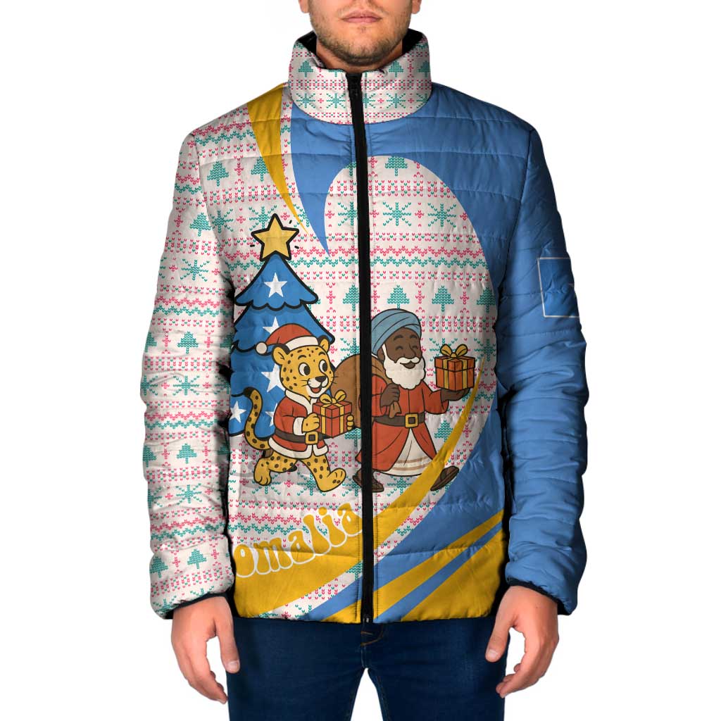 Somalia Christmas Padded Jacket with Santa Cheetah Christmas Tree Village Scene and Festive Snowflake - Wonder Print Shop