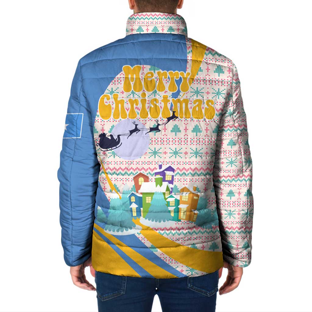 Somalia Christmas Padded Jacket with Santa Cheetah Christmas Tree Village Scene and Festive Snowflake - Wonder Print Shop
