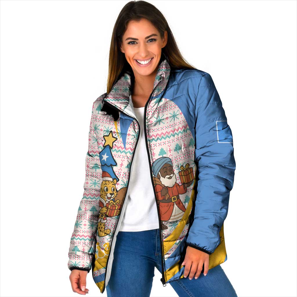 Somalia Christmas Padded Jacket with Santa Cheetah Christmas Tree Village Scene and Festive Snowflake - Wonder Print Shop