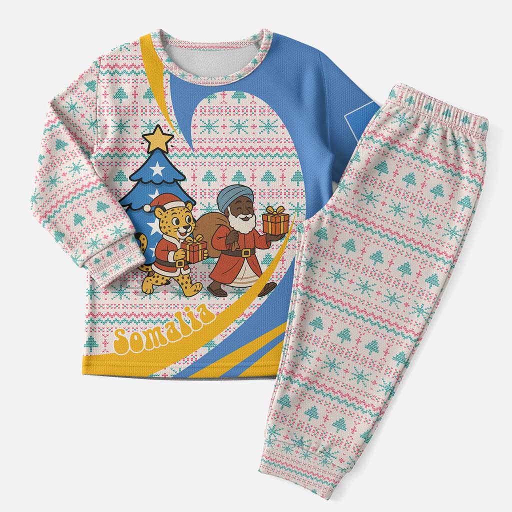 Somalia Christmas Pajama Set with Santa Cheetah Christmas Tree Village Scene and Festive Snowflake - Wonder Print Shop