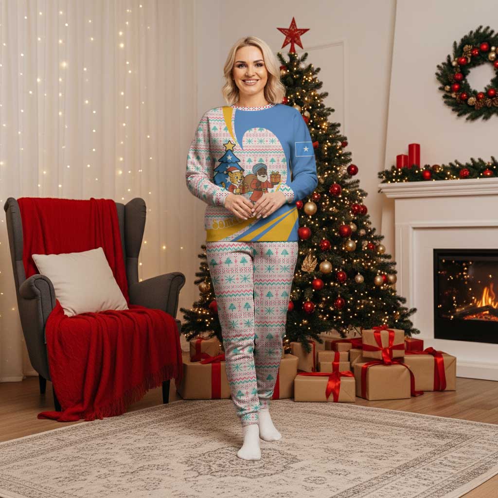 Somalia Christmas Pajama Set with Santa Cheetah Christmas Tree Village Scene and Festive Snowflake - Wonder Print Shop