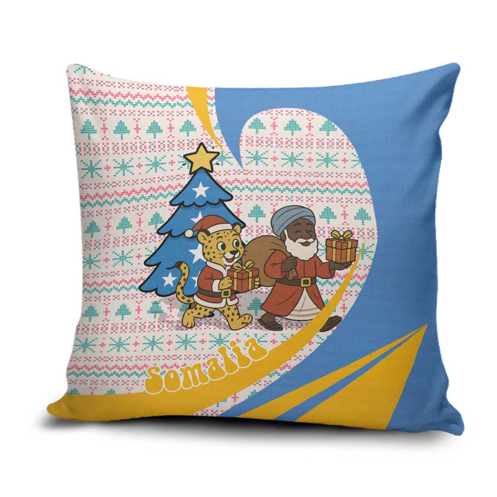 Somalia Christmas Pillow Cover with Santa Cheetah Christmas Tree Village Scene and Festive Snowflake - Wonder Print Shop