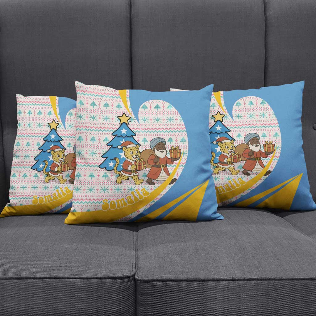 Somalia Christmas Pillow Cover with Santa Cheetah Christmas Tree Village Scene and Festive Snowflake - Wonder Print Shop