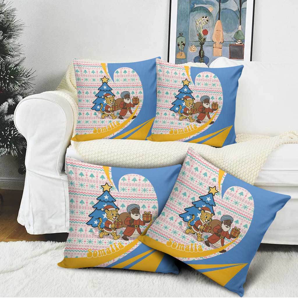 Somalia Christmas Pillow Cover with Santa Cheetah Christmas Tree Village Scene and Festive Snowflake - Wonder Print Shop