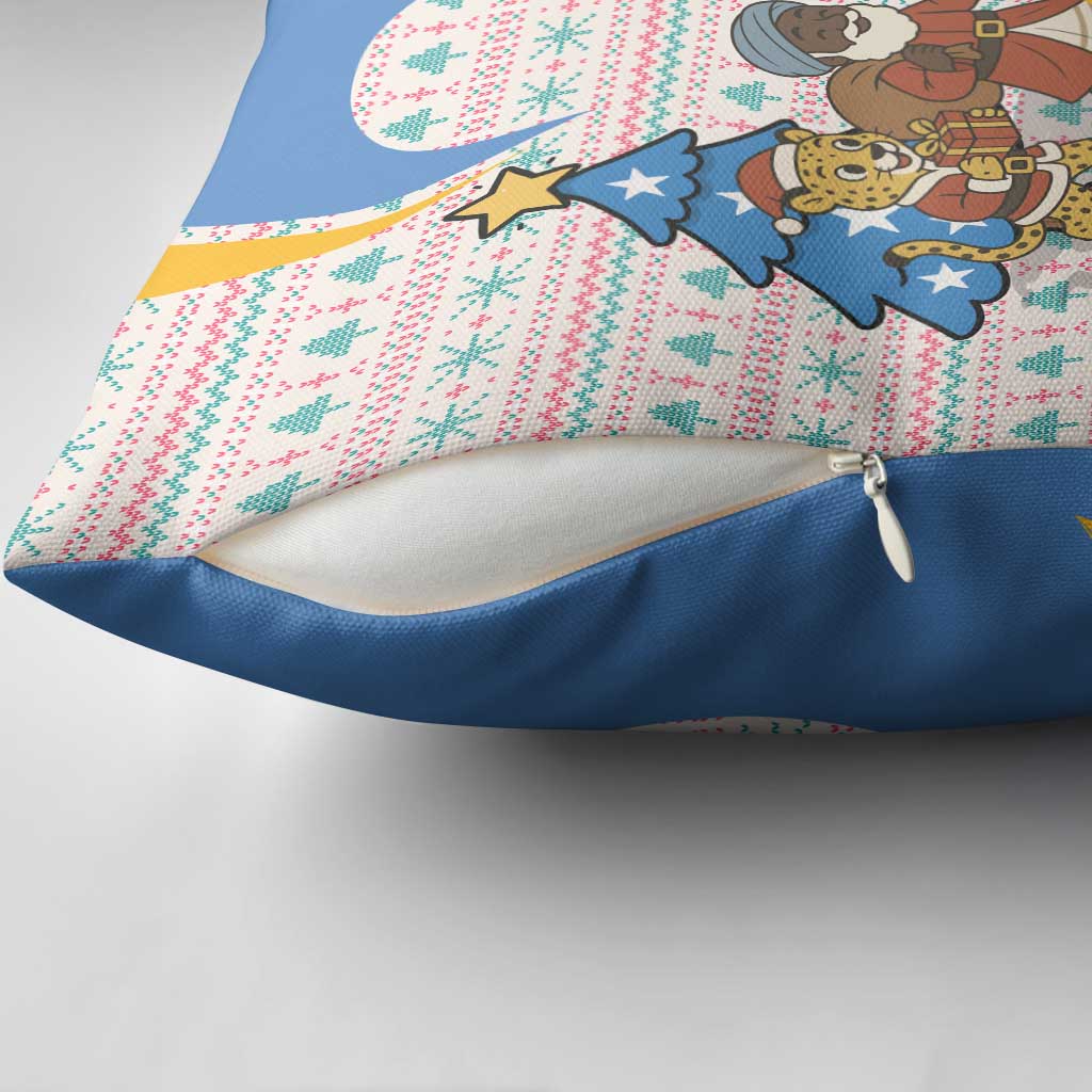 Somalia Christmas Pillow Cover with Santa Cheetah Christmas Tree Village Scene and Festive Snowflake - Wonder Print Shop