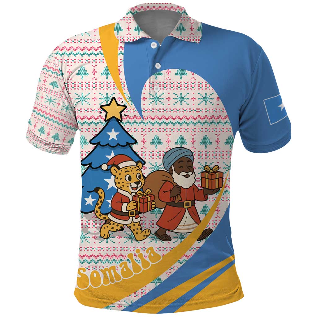 Somalia Christmas Polo Shirt with Santa Cheetah Christmas Tree Village Scene and Festive Snowflake - Wonder Print Shop