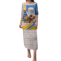 Somalia Christmas Puletasi with Santa Cheetah Christmas Tree Village Scene and Festive Snowflake - Wonder Print Shop