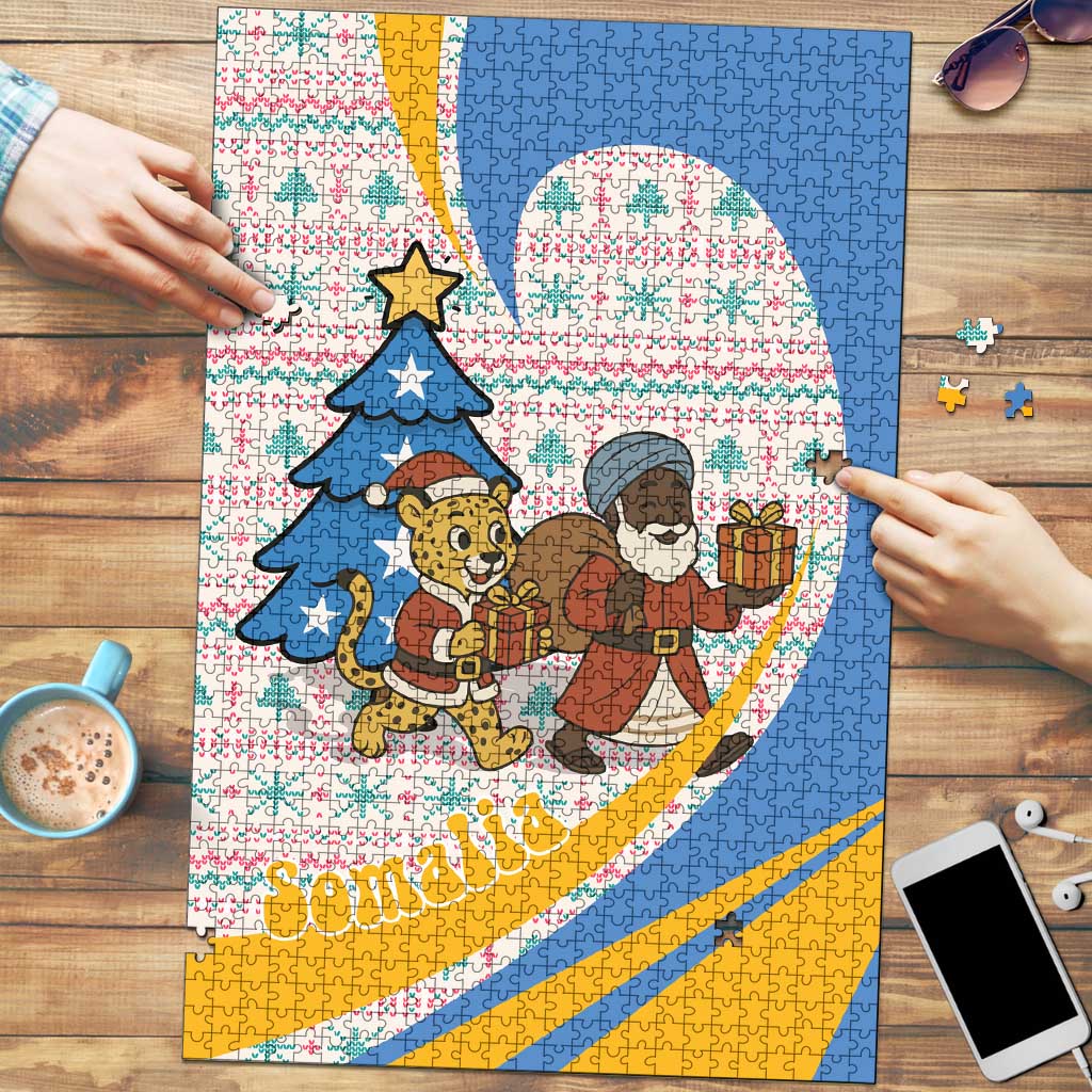Somalia Christmas Puzzle with Santa Cheetah Christmas Tree Village Scene and Festive Snowflake - Wonder Print Shop