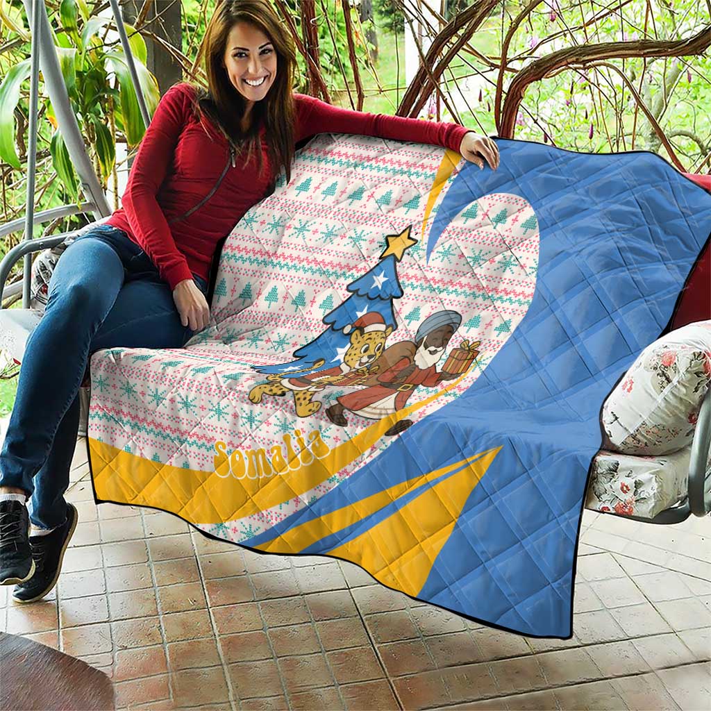 Somalia Christmas Quilt with Santa Cheetah Christmas Tree Village Scene and Festive Snowflake - Wonder Print Shop
