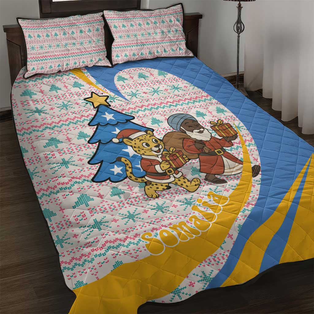 Somalia Christmas Quilt Bed Set with Santa Cheetah Christmas Tree Village Scene and Festive Snowflake - Wonder Print Shop