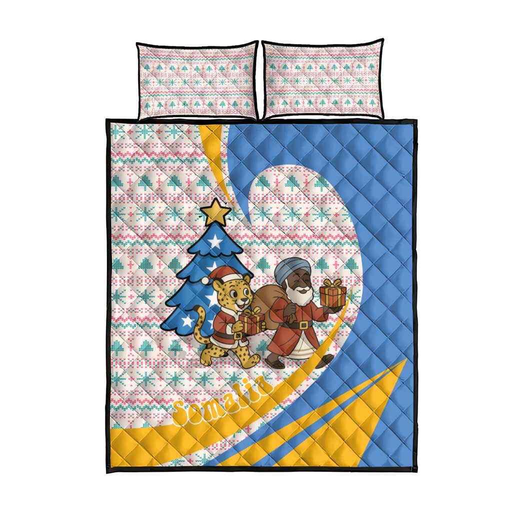Somalia Christmas Quilt Bed Set with Santa Cheetah Christmas Tree Village Scene and Festive Snowflake - Wonder Print Shop