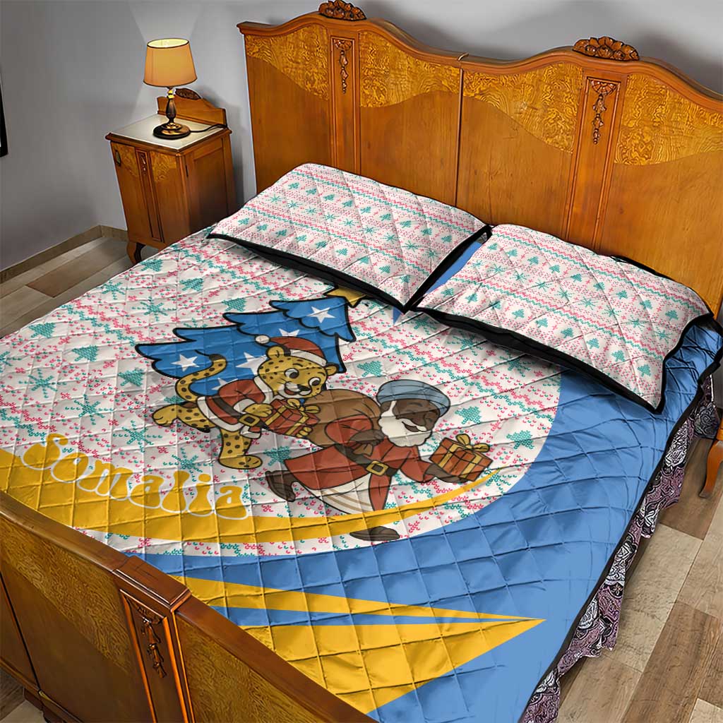 Somalia Christmas Quilt Bed Set with Santa Cheetah Christmas Tree Village Scene and Festive Snowflake - Wonder Print Shop