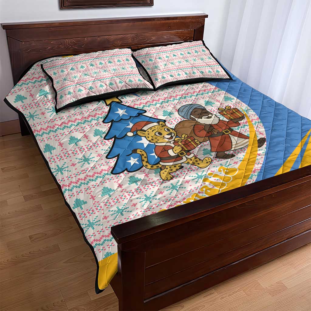 Somalia Christmas Quilt Bed Set with Santa Cheetah Christmas Tree Village Scene and Festive Snowflake - Wonder Print Shop
