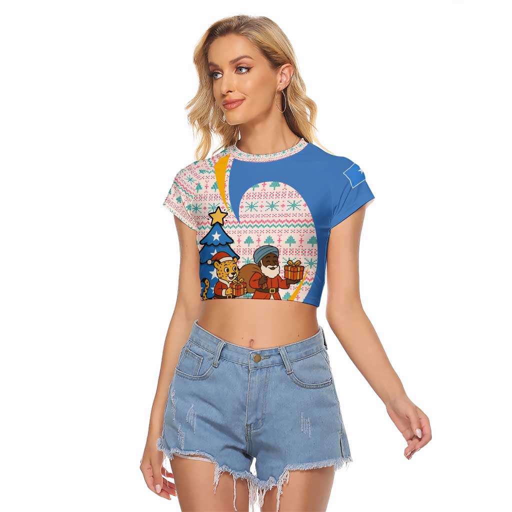 Somalia Christmas Raglan Cropped T Shirt with Santa Cheetah Christmas Tree Village Scene and Festive Snowflake - Wonder Print Shop