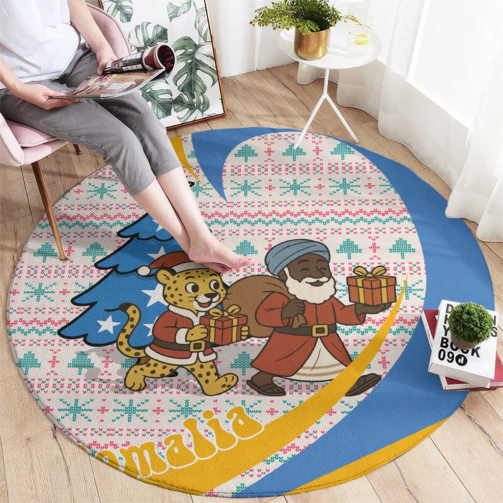 Somalia Christmas Round Carpet with Santa Cheetah Christmas Tree Village Scene and Festive Snowflake - Wonder Print Shop