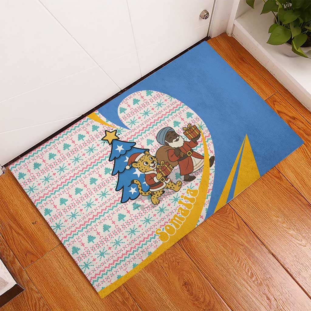 Somalia Christmas Rubber Doormat with Santa Cheetah Christmas Tree Village Scene and Festive Snowflake - Wonder Print Shop