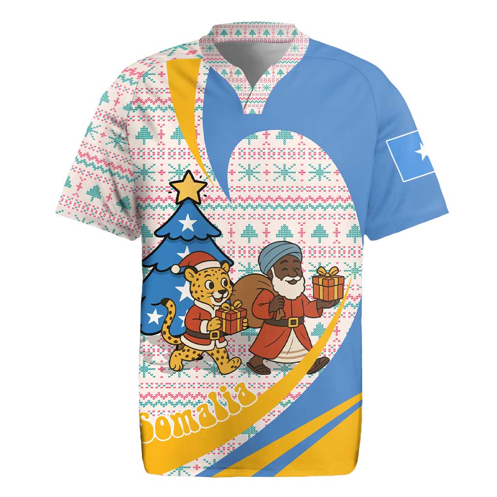 Somalia Christmas Rugby Jersey with Santa Cheetah Christmas Tree Village Scene and Festive Snowflake - Wonder Print Shop
