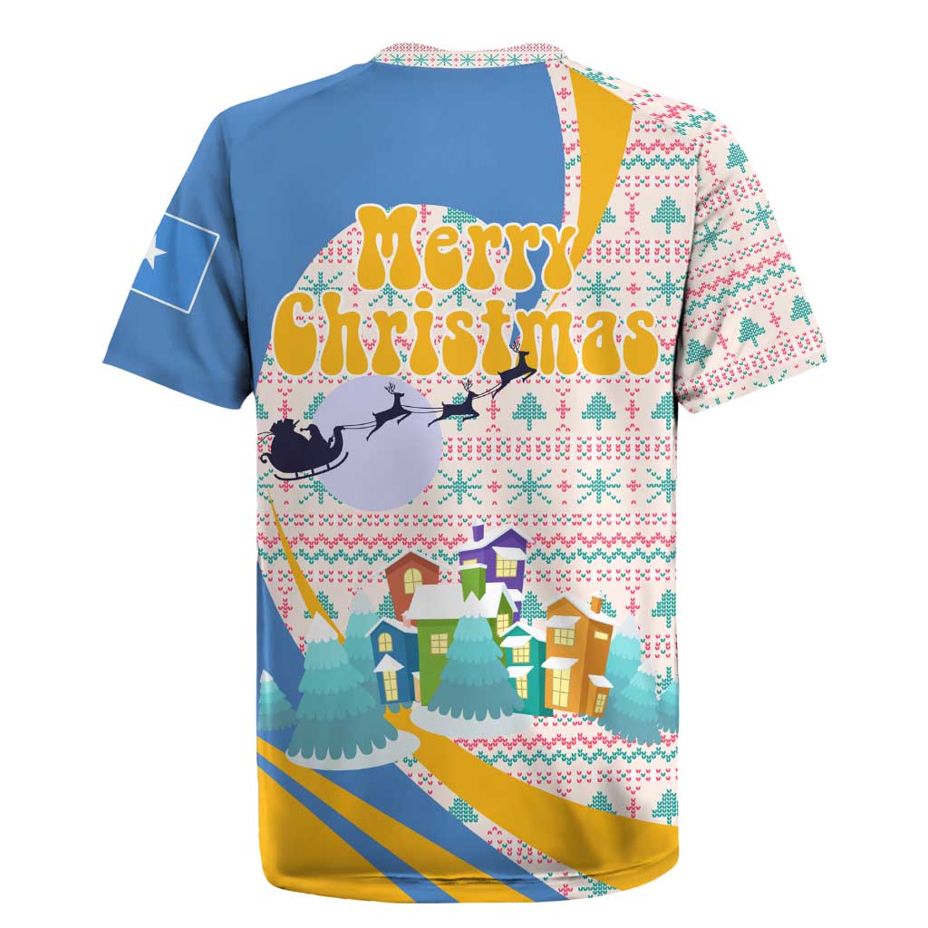 Somalia Christmas Rugby Jersey with Santa Cheetah Christmas Tree Village Scene and Festive Snowflake - Wonder Print Shop