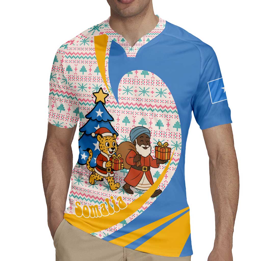 Somalia Christmas Rugby Jersey with Santa Cheetah Christmas Tree Village Scene and Festive Snowflake - Wonder Print Shop