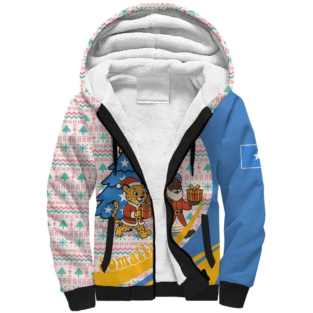 Somalia Christmas Sherpa Hoodie with Santa Cheetah Christmas Tree Village Scene and Festive Snowflake - Wonder Print Shop