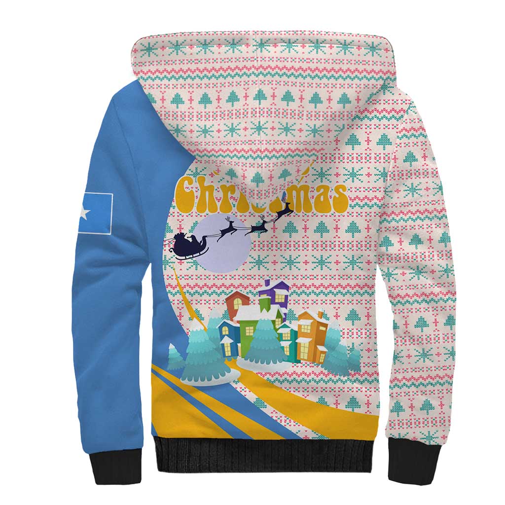 Somalia Christmas Sherpa Hoodie with Santa Cheetah Christmas Tree Village Scene and Festive Snowflake - Wonder Print Shop