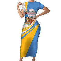 Somalia Christmas Short Sleeve Bodycon Dress with Santa Cheetah Christmas Tree Village Scene and Festive Snowflake - Wonder Print Shop