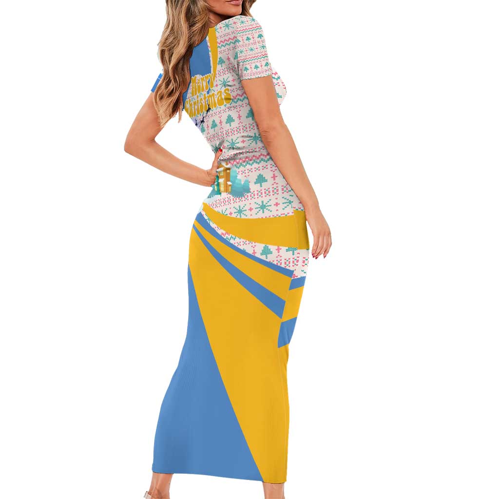 Somalia Christmas Short Sleeve Bodycon Dress with Santa Cheetah Christmas Tree Village Scene and Festive Snowflake - Wonder Print Shop