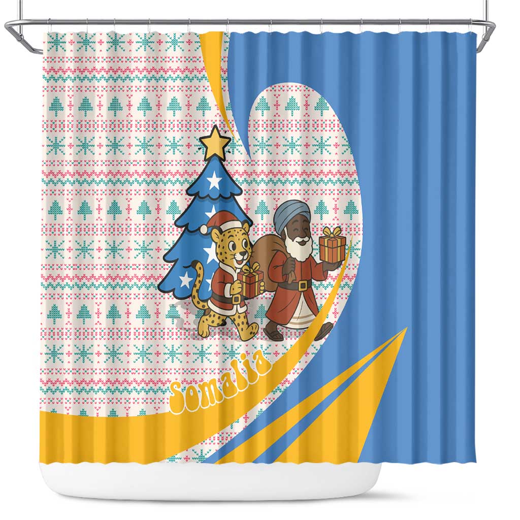 Somalia Christmas Shower Curtain with Santa Cheetah Christmas Tree Village Scene and Festive Snowflake - Wonder Print Shop