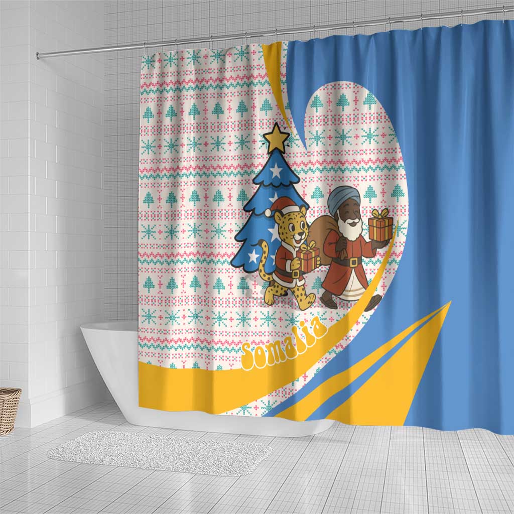 Somalia Christmas Shower Curtain with Santa Cheetah Christmas Tree Village Scene and Festive Snowflake - Wonder Print Shop