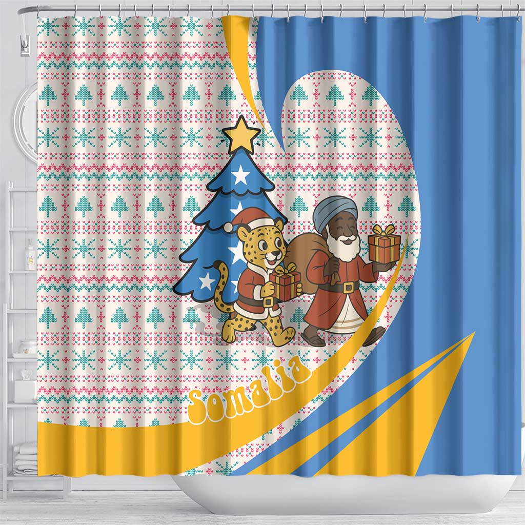 Somalia Christmas Shower Curtain with Santa Cheetah Christmas Tree Village Scene and Festive Snowflake - Wonder Print Shop
