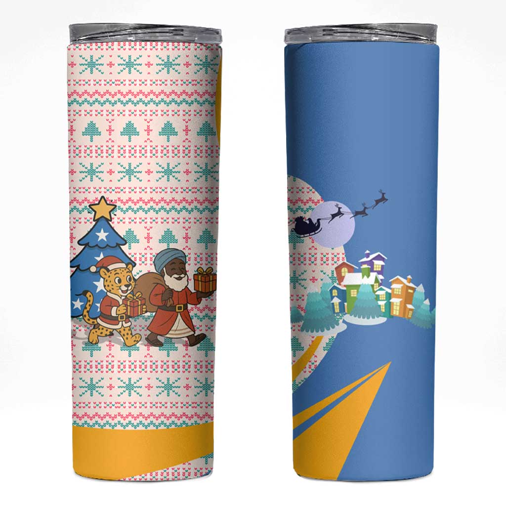 Somalia Christmas Skinny Tumbler with Santa Cheetah Christmas Tree Village Scene and Festive Snowflake - Wonder Print Shop