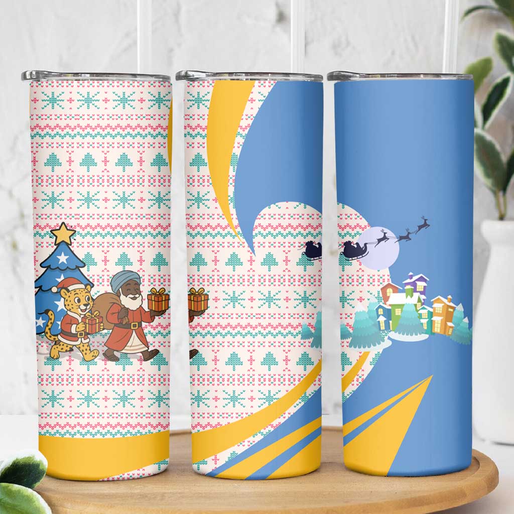 Somalia Christmas Skinny Tumbler with Santa Cheetah Christmas Tree Village Scene and Festive Snowflake - Wonder Print Shop