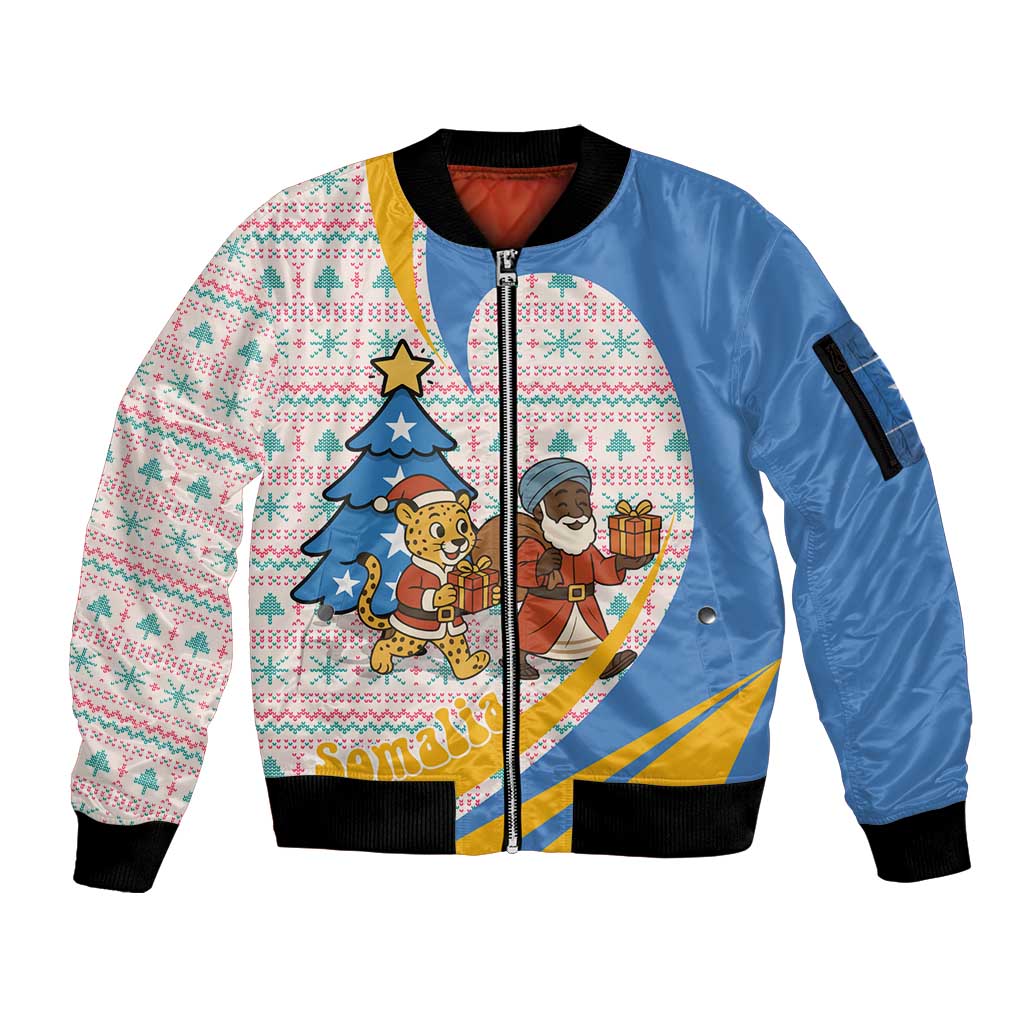 Somalia Christmas Sleeve Zip Bomber Jacket with Santa Cheetah Christmas Tree Village Scene and Festive Snowflake - Wonder Print Shop