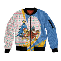 Somalia Christmas Sleeve Zip Bomber Jacket with Santa Cheetah Christmas Tree Village Scene and Festive Snowflake - Wonder Print Shop