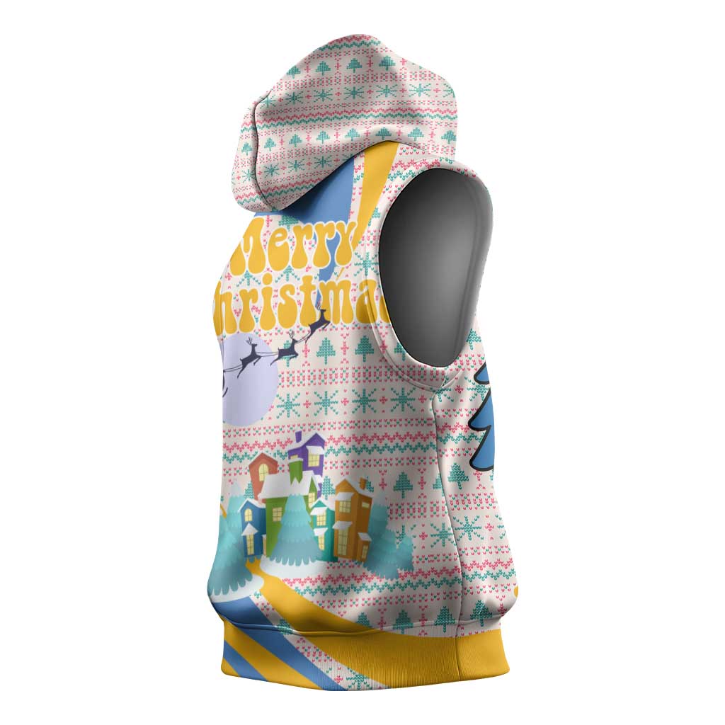 Somalia Christmas Sleeveless Hoodie with Santa Cheetah Christmas Tree Village Scene and Festive Snowflake - Wonder Print Shop