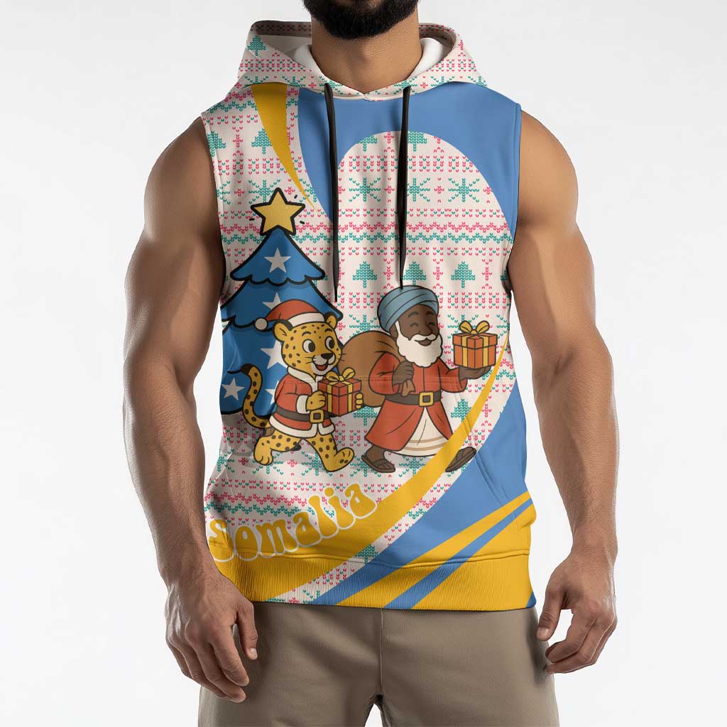 Somalia Christmas Sleeveless Hoodie with Santa Cheetah Christmas Tree Village Scene and Festive Snowflake - Wonder Print Shop